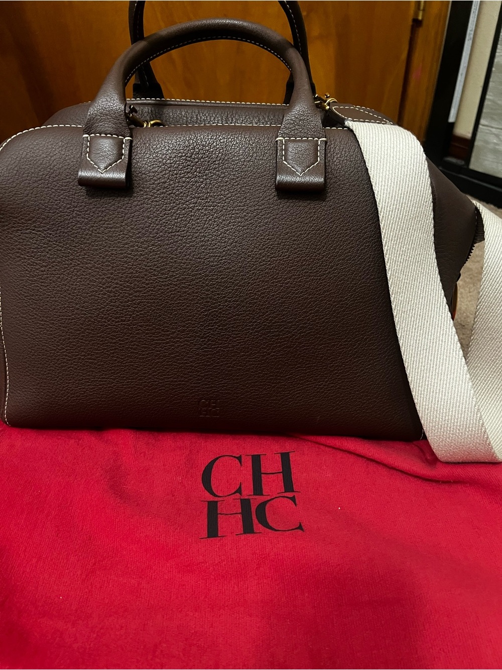 Carolina Herrera Dark Brown Leather Dome Bag with Cream Strap